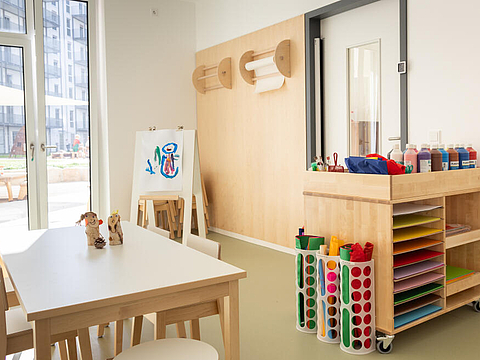 Unser Atelier. Ein heller Raum mit Tischen und vielen Kunstmaterialien. Es gibt eine Staffelei und Papierrollen hängen an der Wand.
