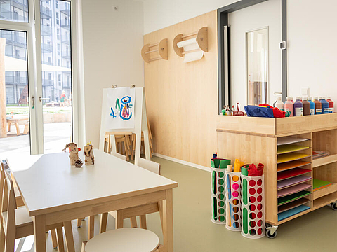 Unser Atelier ist ein heller Raum mit Fenstertür in den Außenbereich. Buntes Papier, Farben und andere Kunstmaterialien sind ordentlich organisiert.